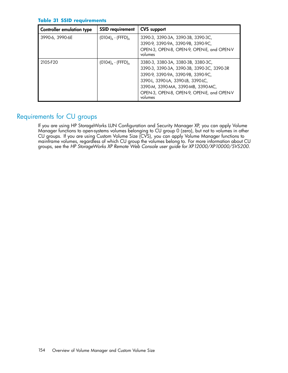 Requirements for cu groups, Ssid requirements | HP StorageWorks XP10000 Disk Array User Manual | Page 154 / 220