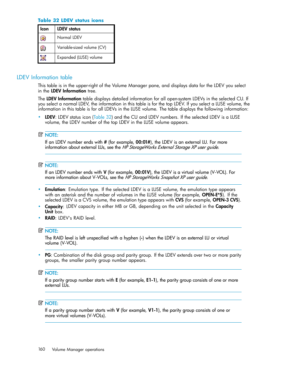 Ldev information table, Ldev status icons | HP StorageWorks XP10000 Disk Array User Manual | Page 160 / 220