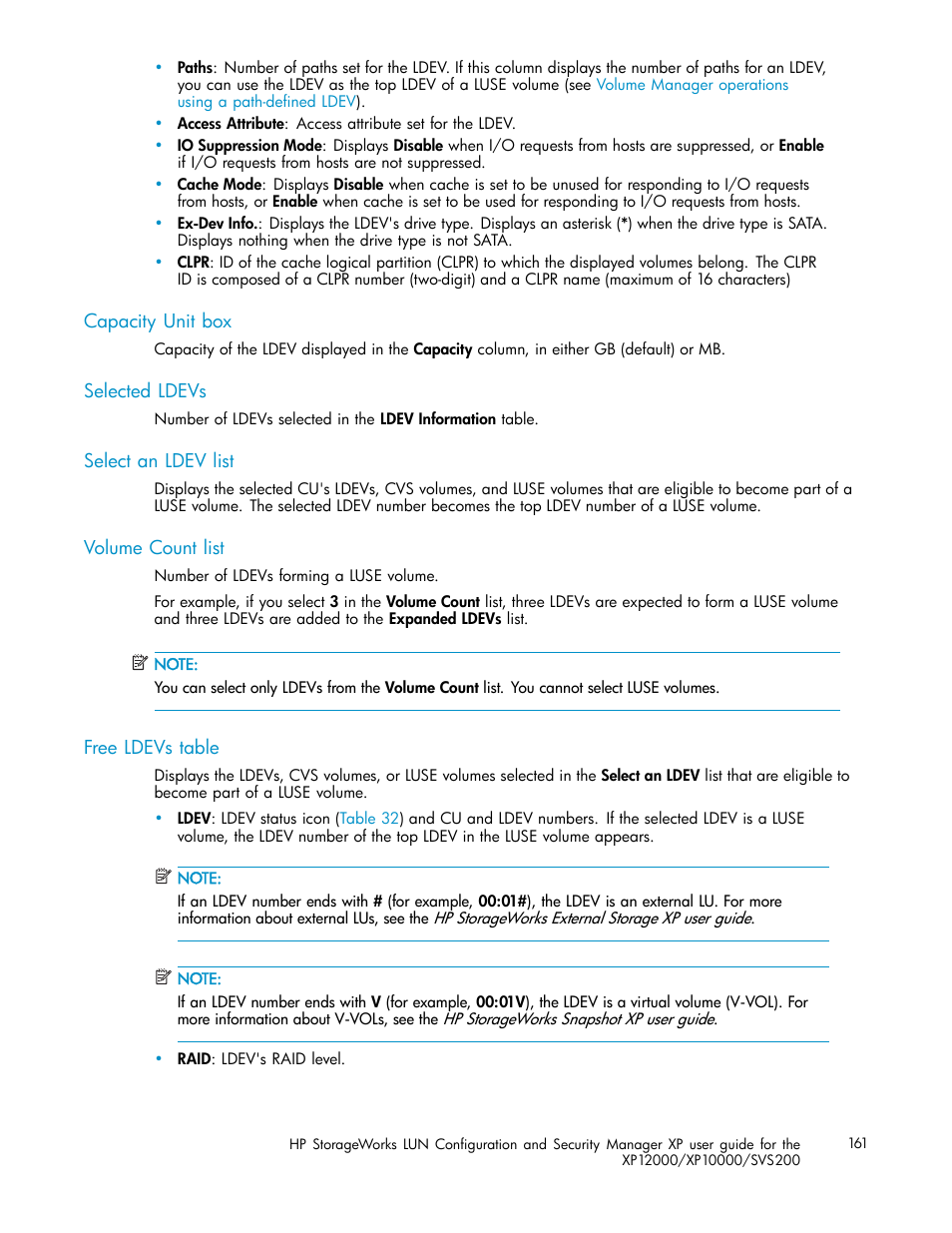 Capacity unit box, Selected ldevs, Select an ldev list | Volume count list, Free ldevs table | HP StorageWorks XP10000 Disk Array User Manual | Page 161 / 220