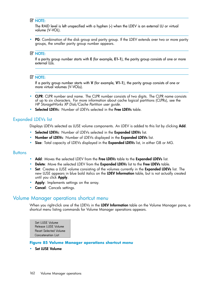 Expanded ldevs list, Buttons, Volume manager operations shortcut menu | HP StorageWorks XP10000 Disk Array User Manual | Page 162 / 220