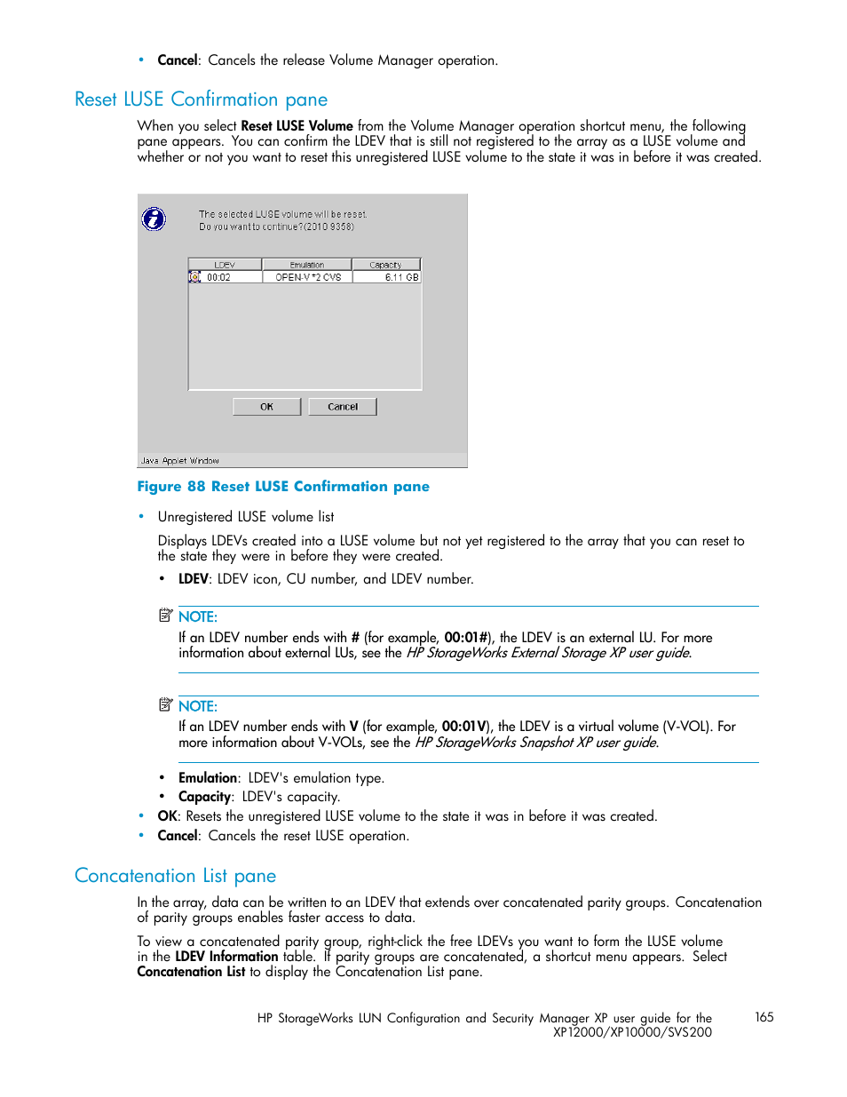 Reset luse confirmation pane, Concatenation list pane, Figure 88 | HP StorageWorks XP10000 Disk Array User Manual | Page 165 / 220