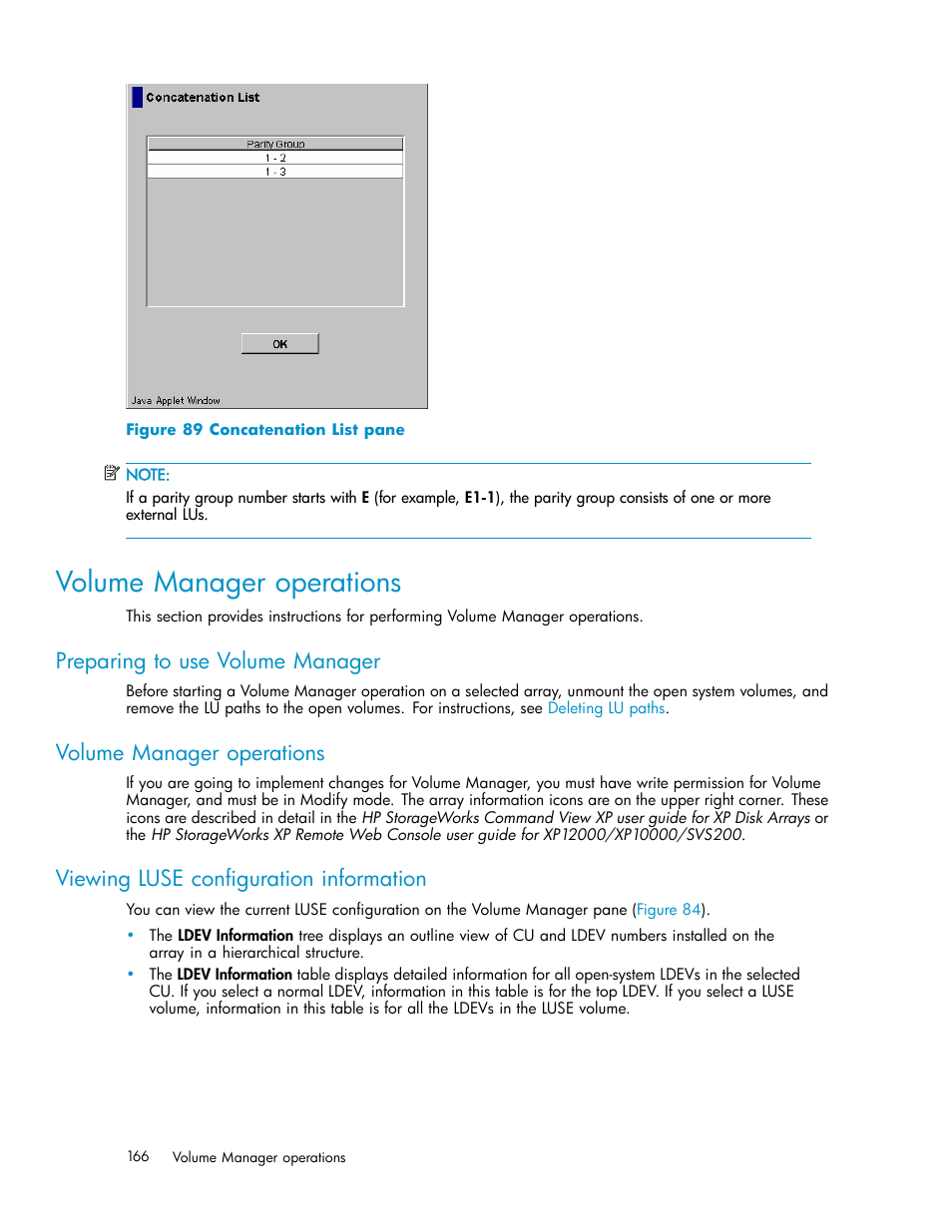 Volume manager operations, Preparing to use volume manager, Viewing luse configuration information | Concatenation list pane, Figure 89 | HP StorageWorks XP10000 Disk Array User Manual | Page 166 / 220