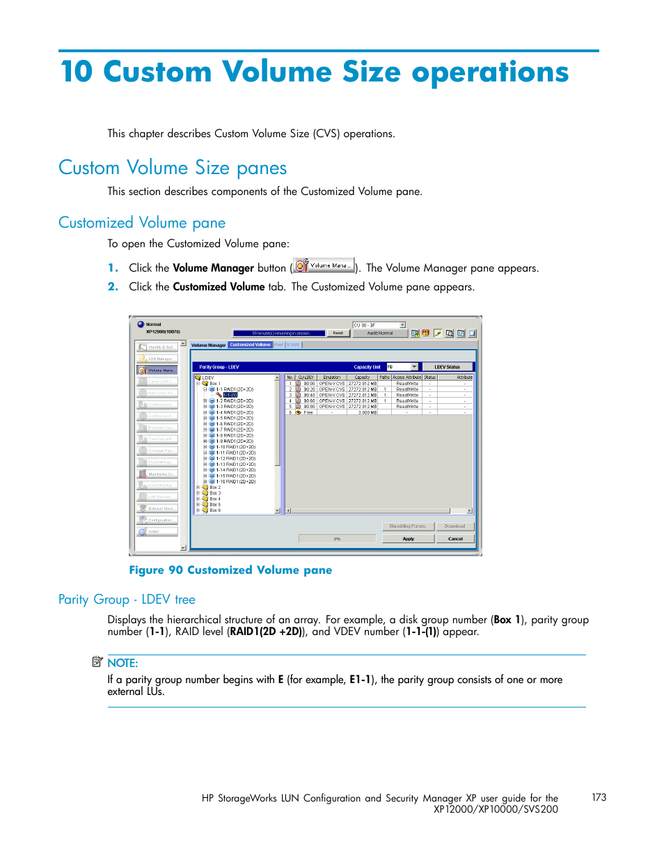 10 custom volume size operations, Custom volume size panes, Customized volume pane | Parity group - ldev tree | HP StorageWorks XP10000 Disk Array User Manual | Page 173 / 220