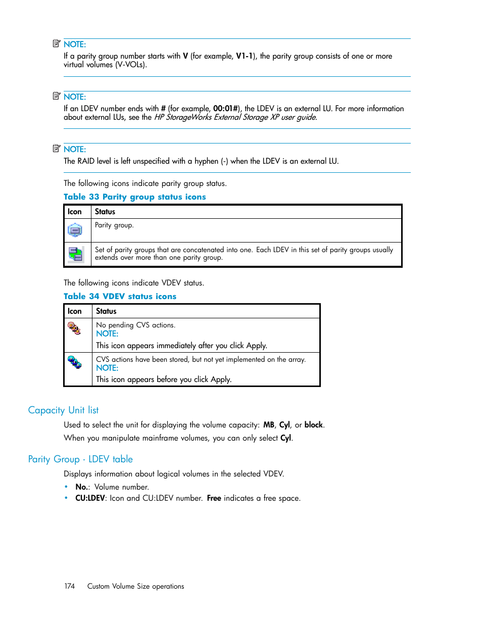 Capacity unit list, Parity group - ldev table, Parity group status icons | Vdev status icons | HP StorageWorks XP10000 Disk Array User Manual | Page 174 / 220