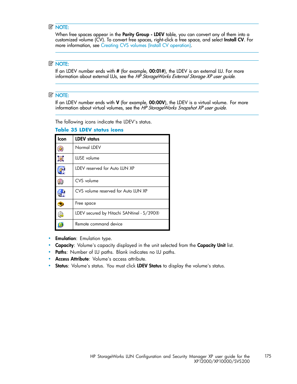 Ldev status icons | HP StorageWorks XP10000 Disk Array User Manual | Page 175 / 220