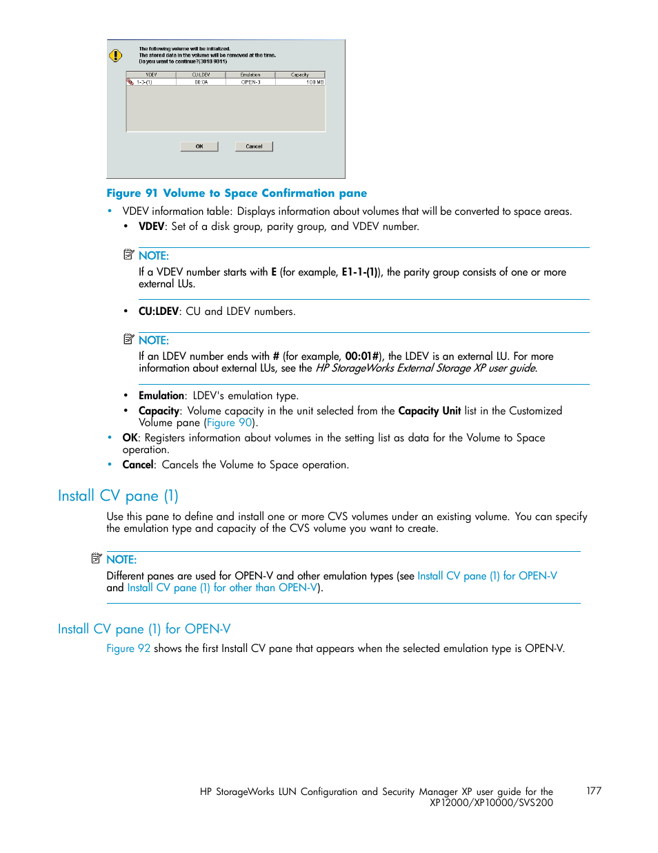 Install cv pane (1), Install cv pane (1) for open-v, Volume to space confirmation pane | HP StorageWorks XP10000 Disk Array User Manual | Page 177 / 220