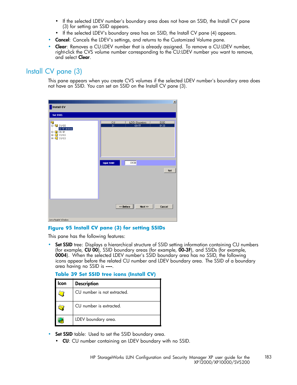 Install cv pane (3), Install cv pane (3) for setting ssids, Set ssid tree icons (install cv) | HP StorageWorks XP10000 Disk Array User Manual | Page 183 / 220