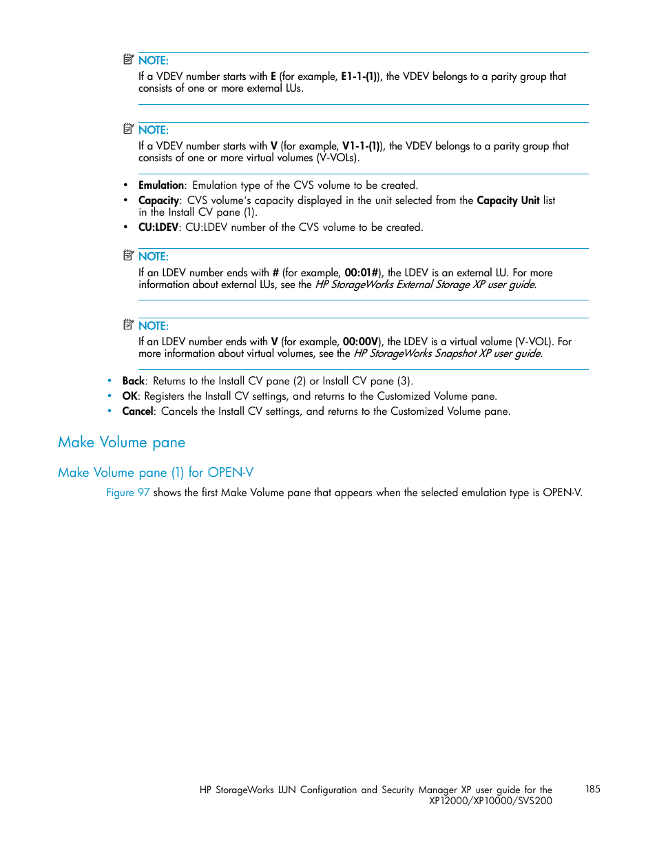 Make volume pane, Make volume pane (1) for open-v | HP StorageWorks XP10000 Disk Array User Manual | Page 185 / 220