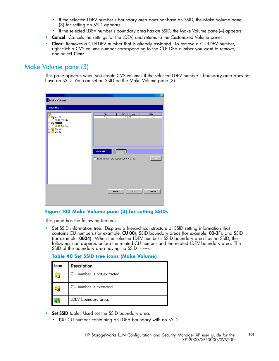 Make volume pane (3), Make volume pane (3) for setting ssids, Set ssid tree icons (make volume) | HP StorageWorks XP10000 Disk Array User Manual | Page 191 / 220