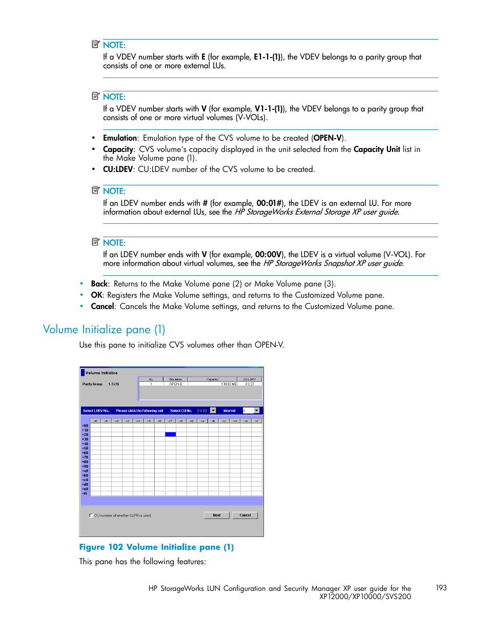 Volume initialize pane (1) | HP StorageWorks XP10000 Disk Array User Manual | Page 193 / 220