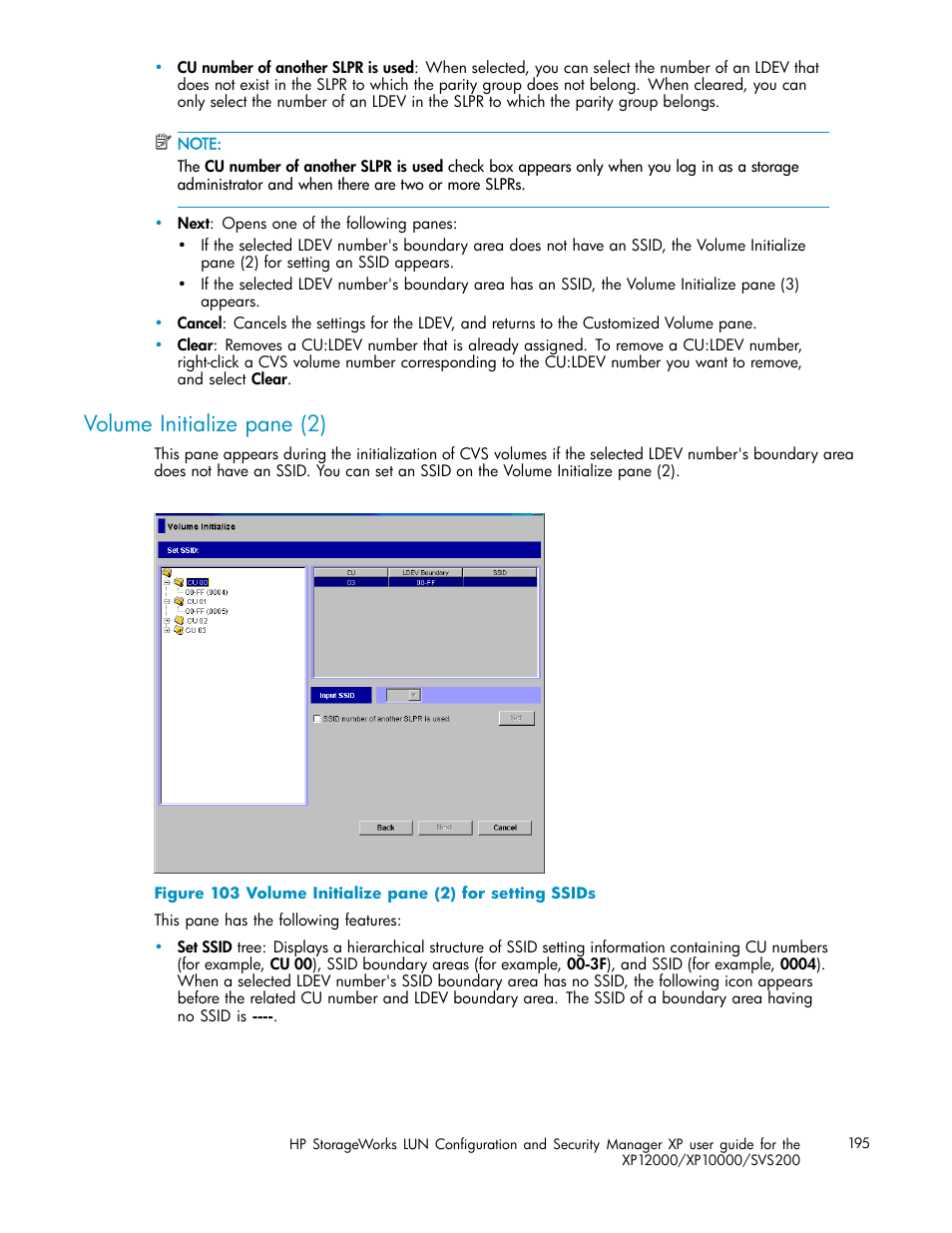 Volume initialize pane (2), Volume initialize pane (2) for setting ssids | HP StorageWorks XP10000 Disk Array User Manual | Page 195 / 220