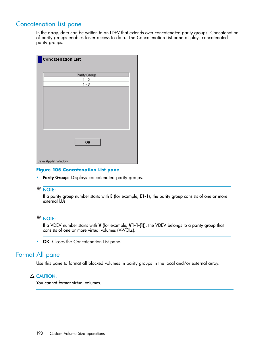 Concatenation list pane, Format all pane | HP StorageWorks XP10000 Disk Array User Manual | Page 198 / 220