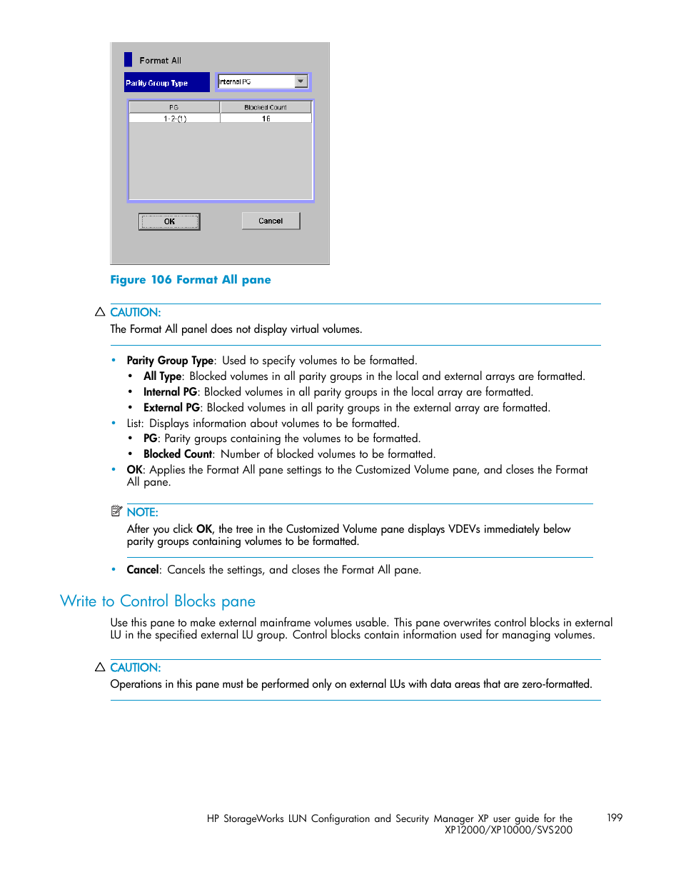 Write to control blocks pane, Format all pane | HP StorageWorks XP10000 Disk Array User Manual | Page 199 / 220