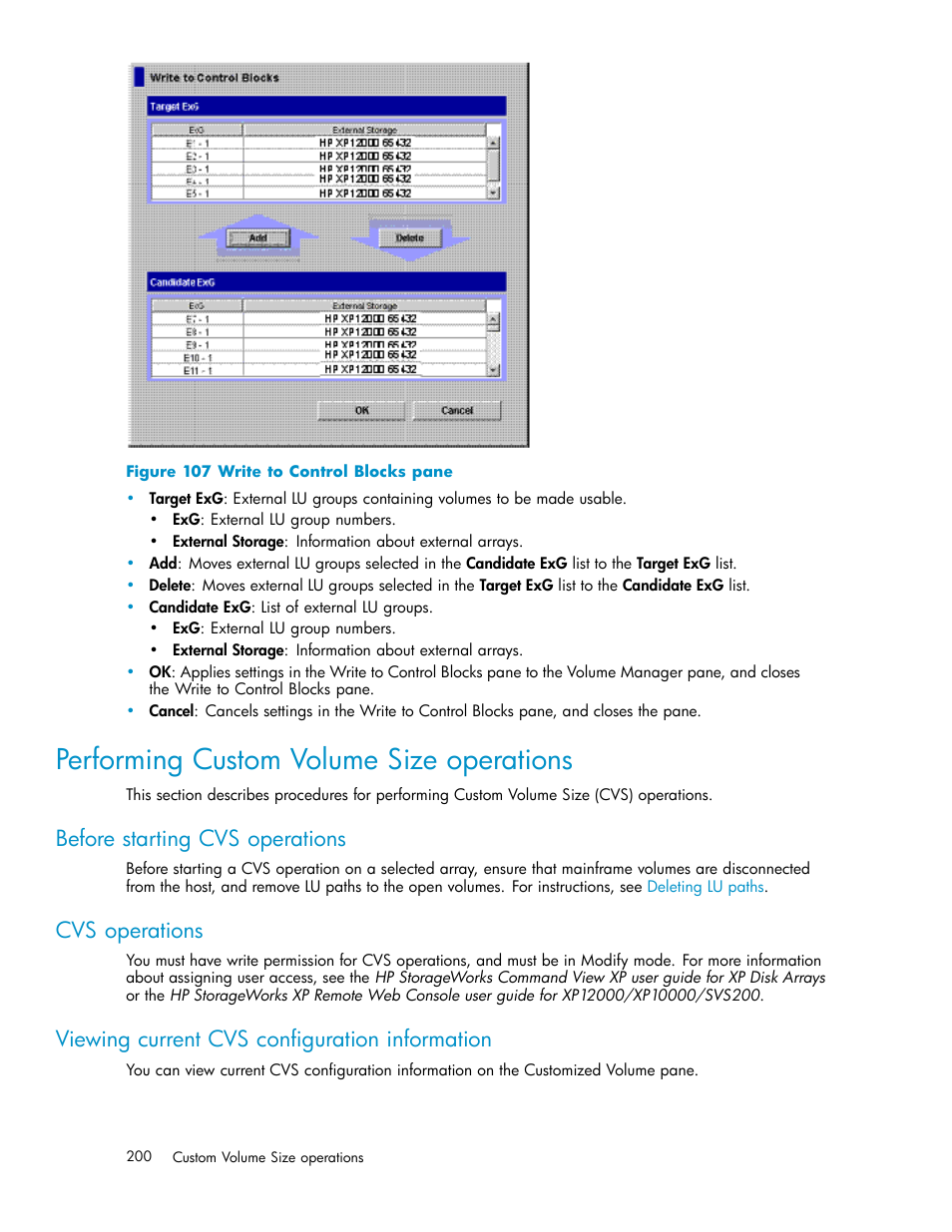 Performing custom volume size operations, Before starting cvs operations, Cvs operations | Viewing current cvs configuration information, Write to control blocks pane | HP StorageWorks XP10000 Disk Array User Manual | Page 200 / 220
