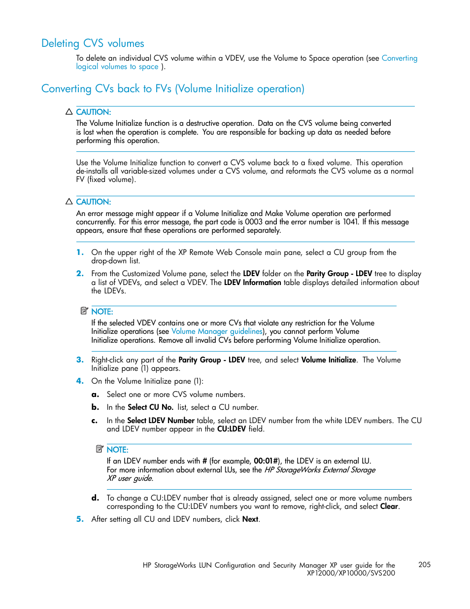 Deleting cvs volumes | HP StorageWorks XP10000 Disk Array User Manual | Page 205 / 220