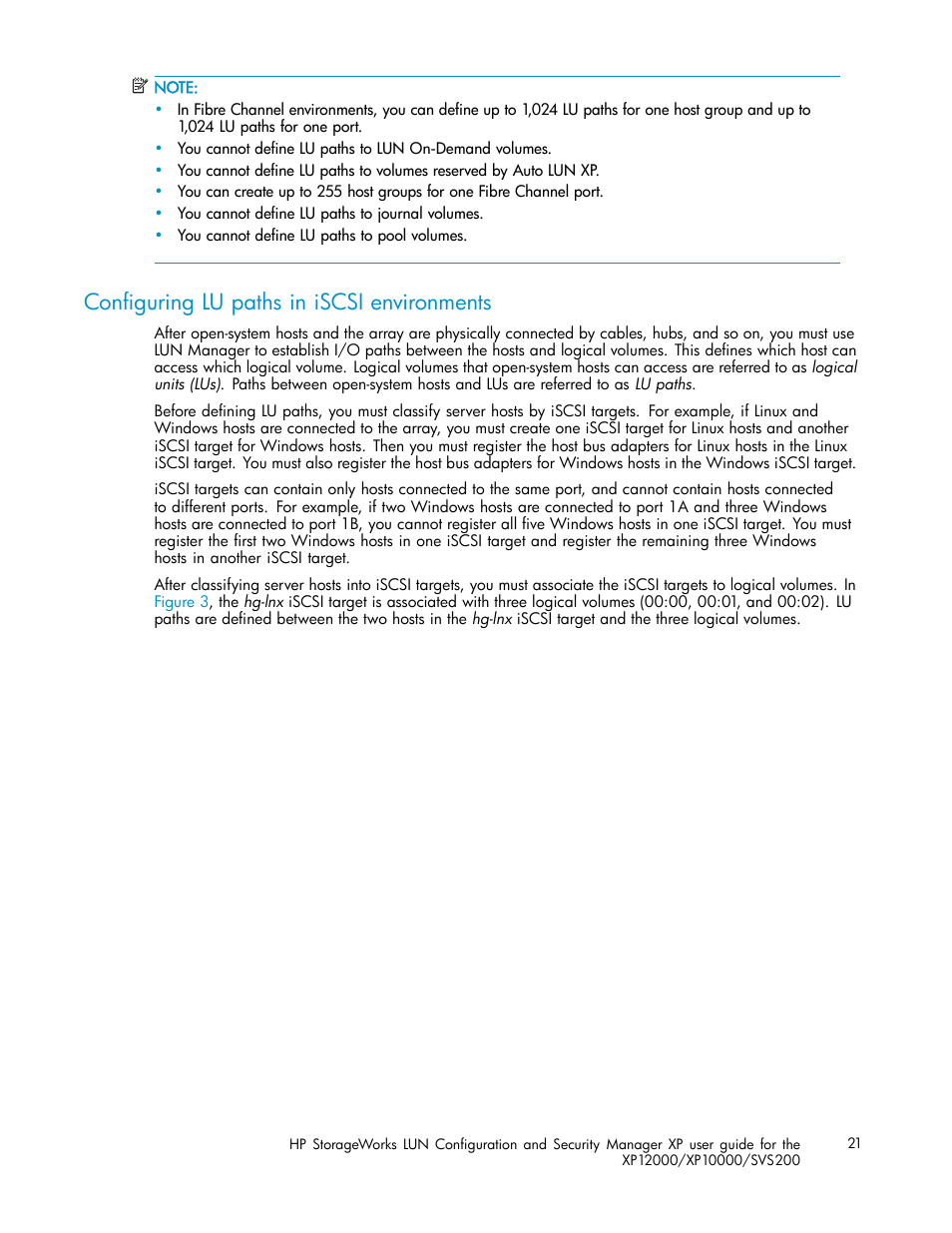 Configuring lu paths in iscsi environments | HP StorageWorks XP10000 Disk Array User Manual | Page 21 / 220