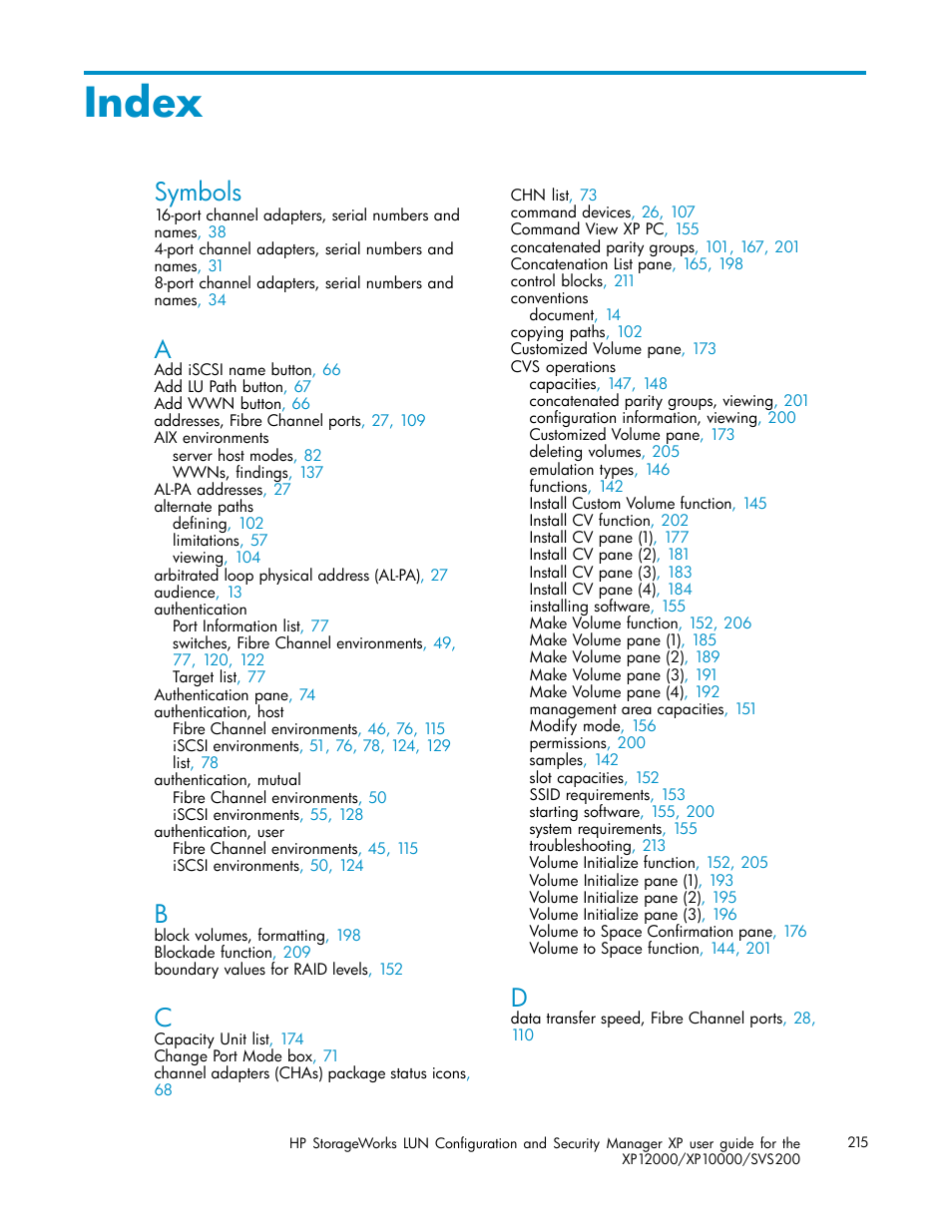 Index, Symbols | HP StorageWorks XP10000 Disk Array User Manual | Page 215 / 220