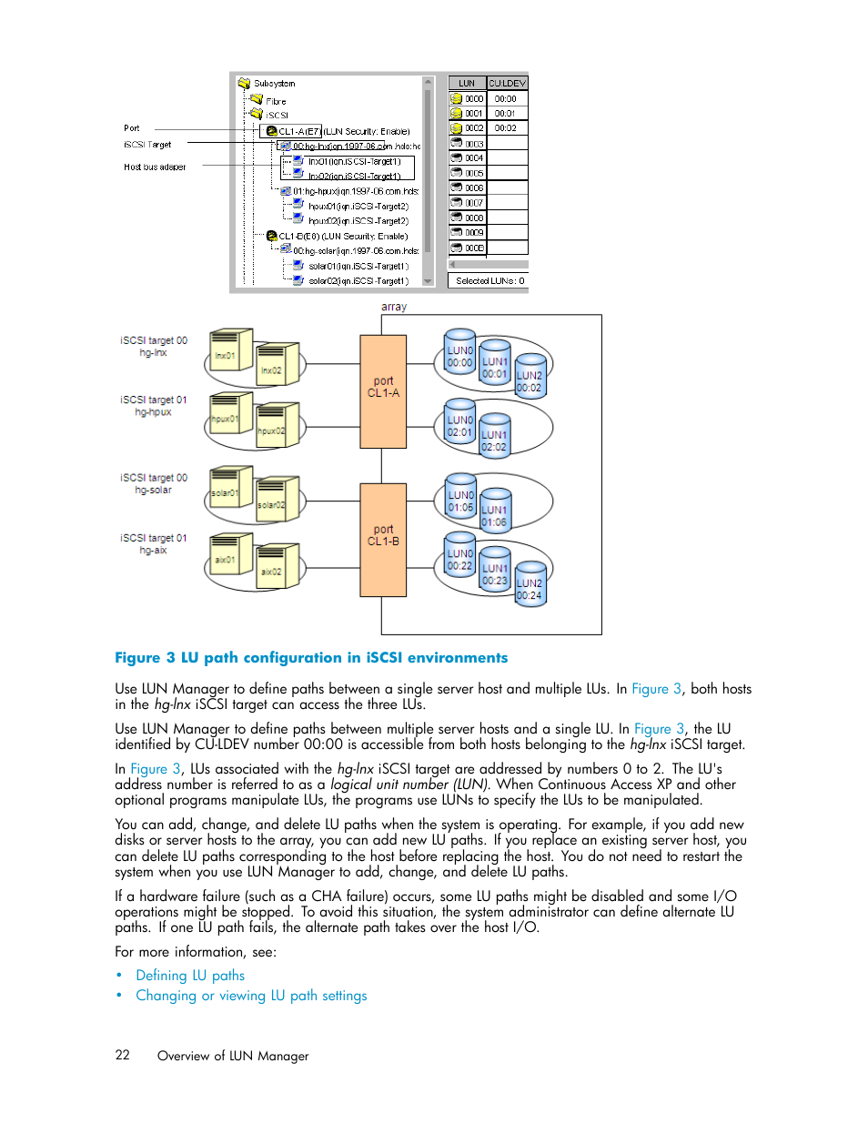 Lu path configuration in iscsi environments | HP StorageWorks XP10000 Disk Array User Manual | Page 22 / 220