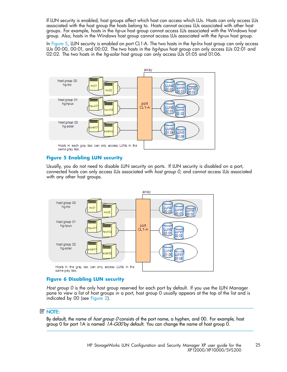 Enabling lun security, Disabling lun security | HP StorageWorks XP10000 Disk Array User Manual | Page 25 / 220