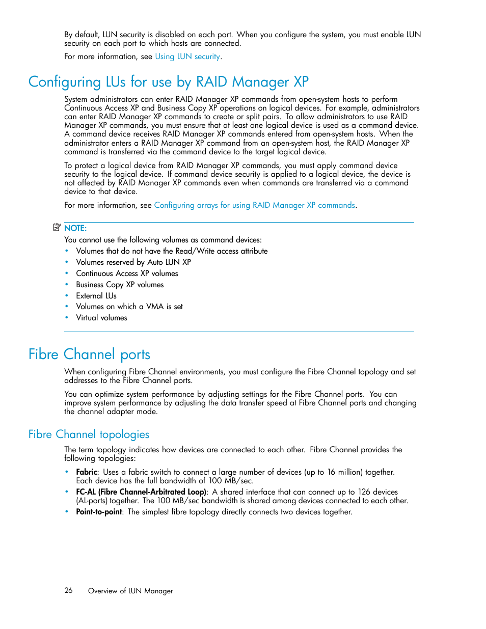 Configuring lus for use by raid manager xp, Fibre channel ports, Fibre channel topologies | HP StorageWorks XP10000 Disk Array User Manual | Page 26 / 220