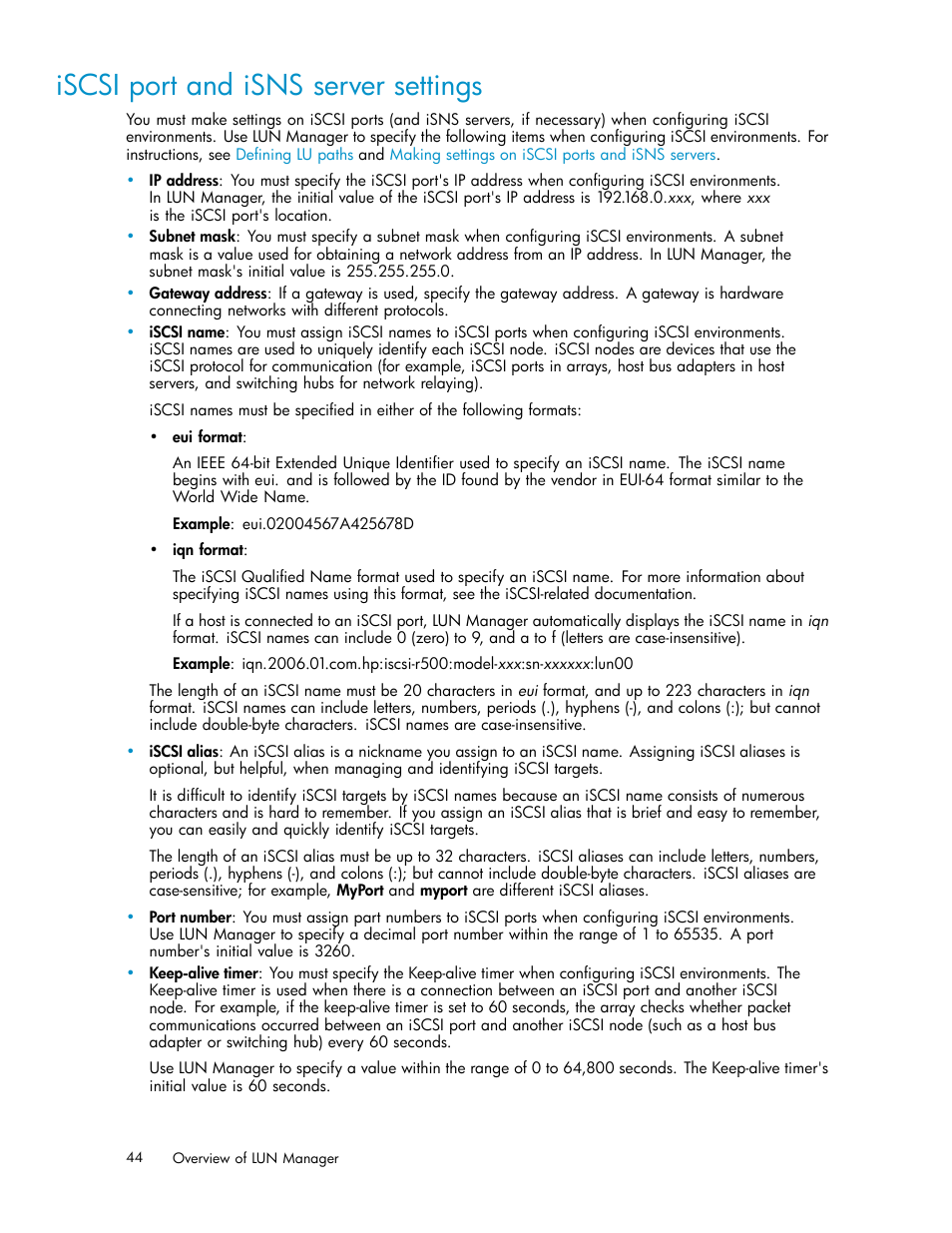 Iscsi port and isns server settings | HP StorageWorks XP10000 Disk Array User Manual | Page 44 / 220