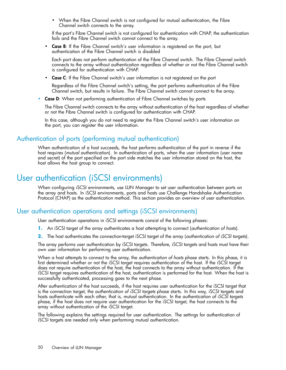 User authentication (iscsi environments) | HP StorageWorks XP10000 Disk Array User Manual | Page 50 / 220