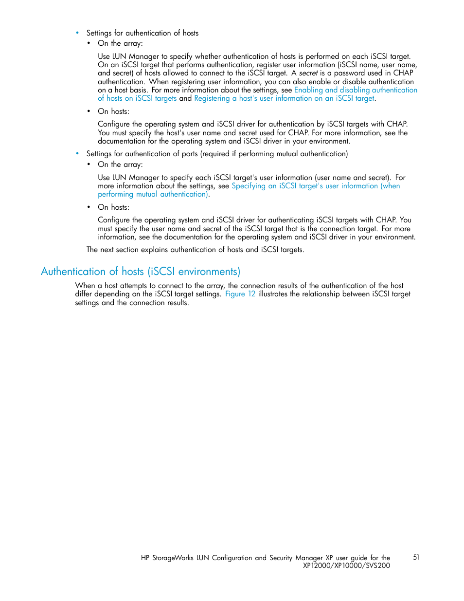 Authentication of hosts (iscsi environments) | HP StorageWorks XP10000 Disk Array User Manual | Page 51 / 220