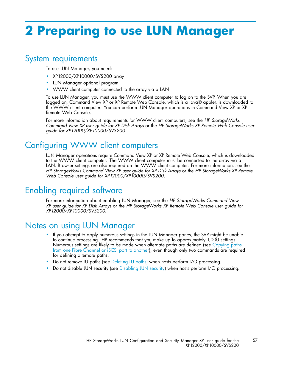 2 preparing to use lun manager, System requirements, Configuring www client computers | Enabling required software, Notes on using lun manager | HP StorageWorks XP10000 Disk Array User Manual | Page 57 / 220
