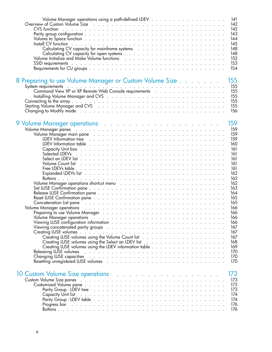 9 volume manager operations, 10 custom colume size operations, 10 custom volume size operations | HP StorageWorks XP10000 Disk Array User Manual | Page 6 / 220