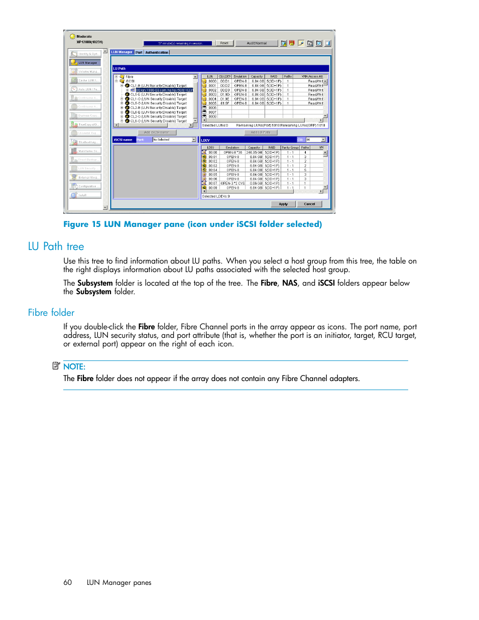 Lu path tree, Fibre folder | HP StorageWorks XP10000 Disk Array User Manual | Page 60 / 220