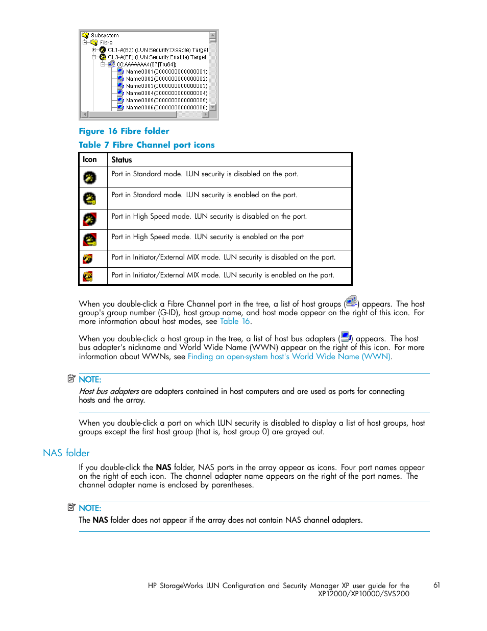 Nas folder, Fibre folder, Fibre channel port icons | HP StorageWorks XP10000 Disk Array User Manual | Page 61 / 220