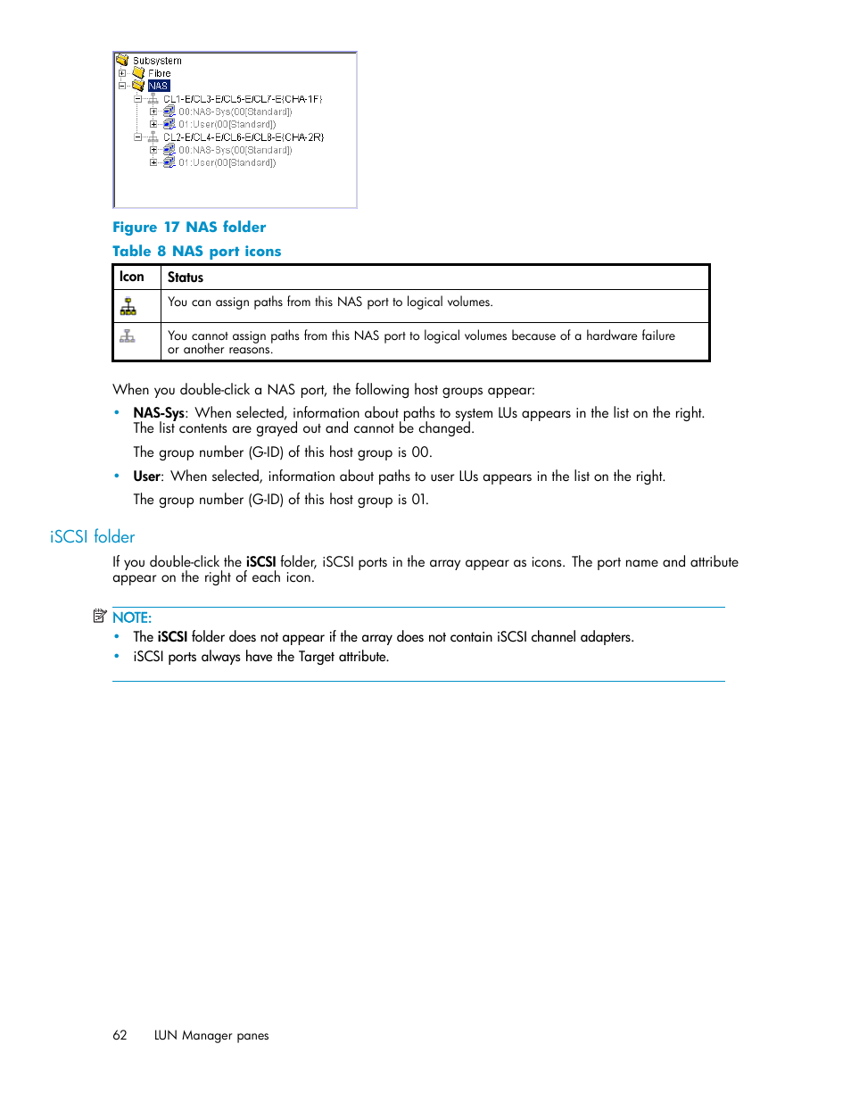 Iscsi folder, Nas folder, Nas port icons | HP StorageWorks XP10000 Disk Array User Manual | Page 62 / 220