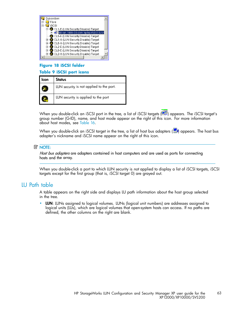 Lu path table, Iscsi folder, Iscsi port icons | HP StorageWorks XP10000 Disk Array User Manual | Page 63 / 220