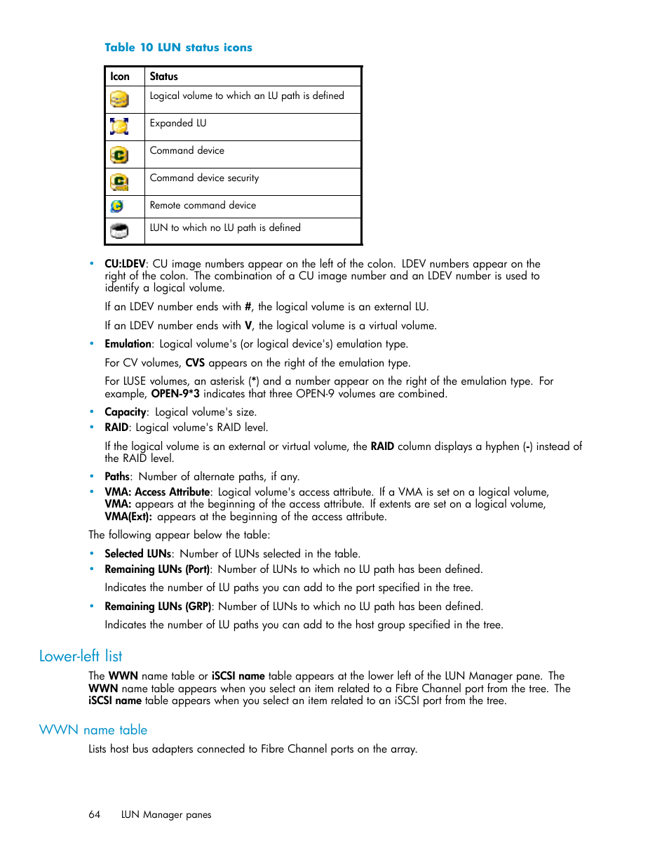 Lower-left list, Wwn name table, Lun status icons | HP StorageWorks XP10000 Disk Array User Manual | Page 64 / 220