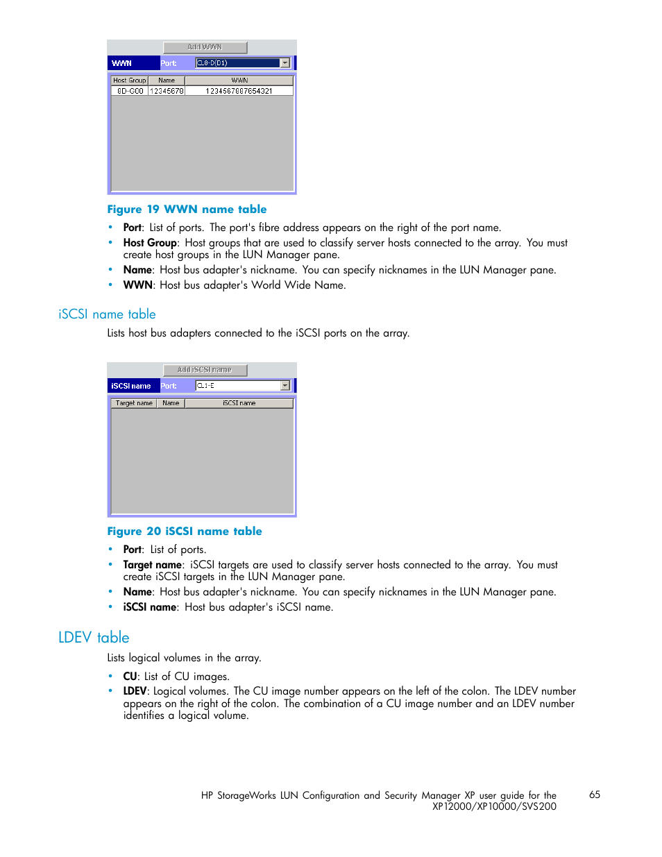 Iscsi name table, Ldev table, Wwn name table | HP StorageWorks XP10000 Disk Array User Manual | Page 65 / 220