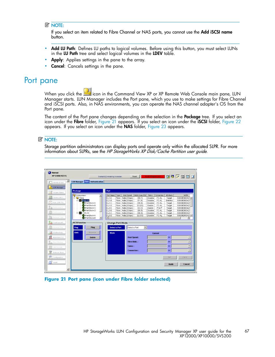 Port pane, Port pane (icon under fibre folder selected) | HP StorageWorks XP10000 Disk Array User Manual | Page 67 / 220