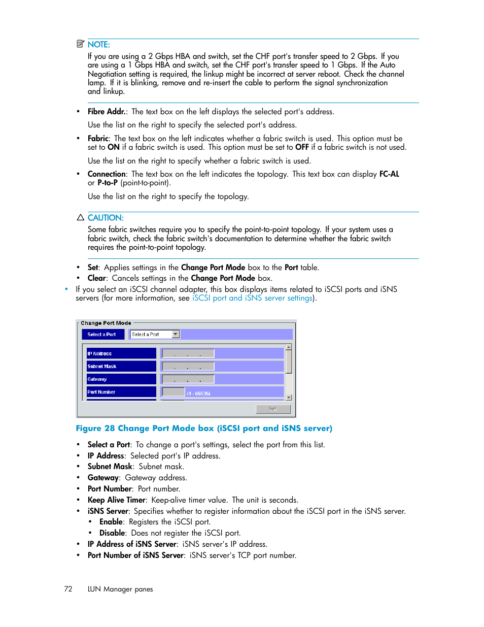 Change port mode box (iscsi port and isns server) | HP StorageWorks XP10000 Disk Array User Manual | Page 72 / 220