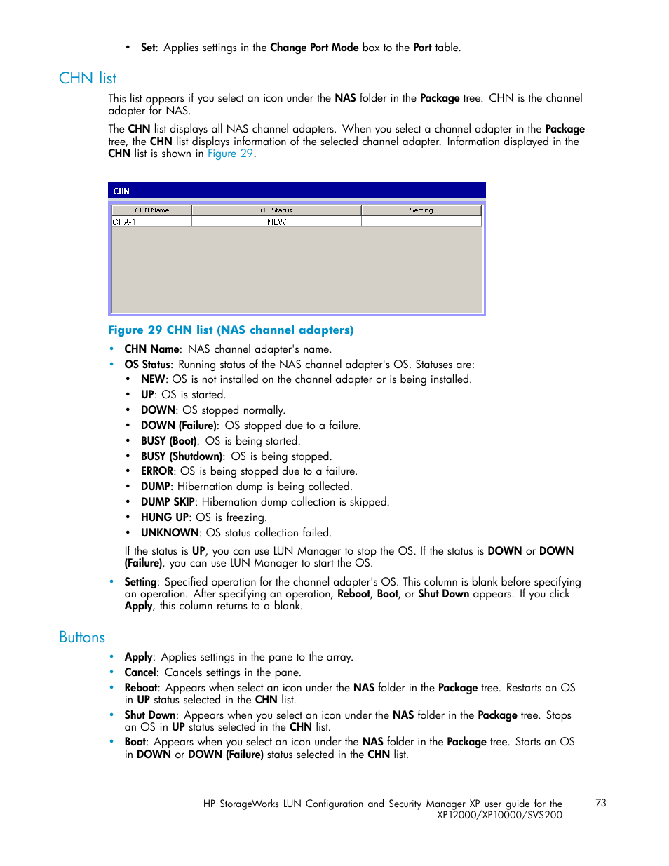 Chn list, Buttons, Chn list (nas channel adapters) | HP StorageWorks XP10000 Disk Array User Manual | Page 73 / 220