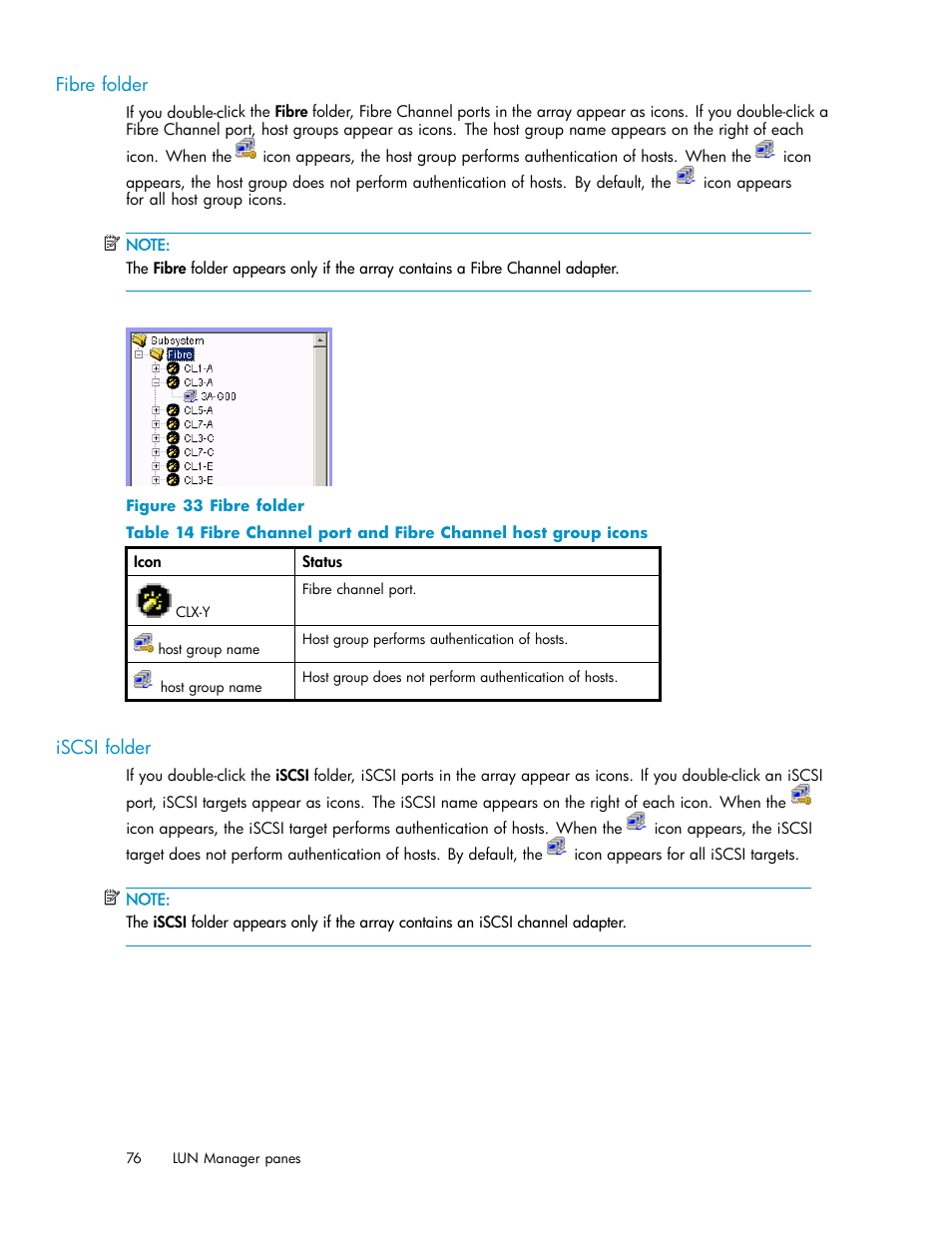 Fibre folder, Iscsi folder | HP StorageWorks XP10000 Disk Array User Manual | Page 76 / 220