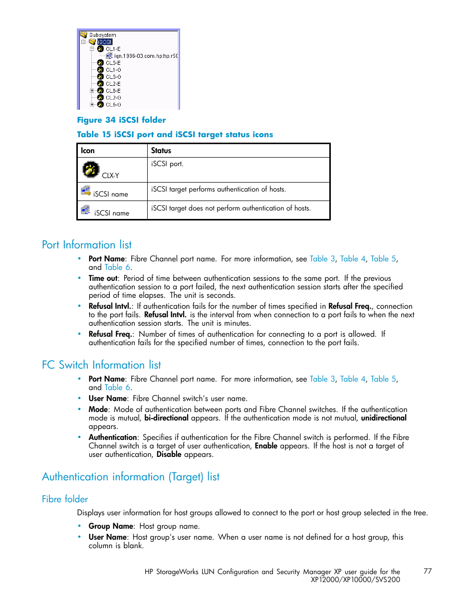 Port information list, Fc switch information list, Authentication information (target) list | Fibre folder, Iscsi folder, Iscsi port and iscsi target status icons | HP StorageWorks XP10000 Disk Array User Manual | Page 77 / 220