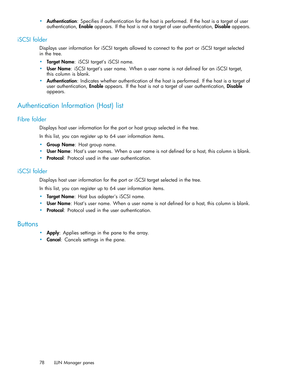 Iscsi folder, Authentication information (host) list, Fibre folder | Buttons | HP StorageWorks XP10000 Disk Array User Manual | Page 78 / 220