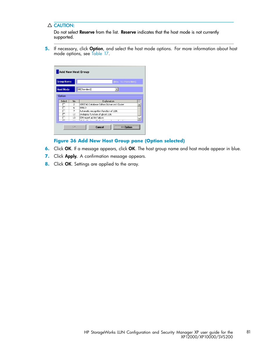 Add new host group pane (option selected) | HP StorageWorks XP10000 Disk Array User Manual | Page 81 / 220