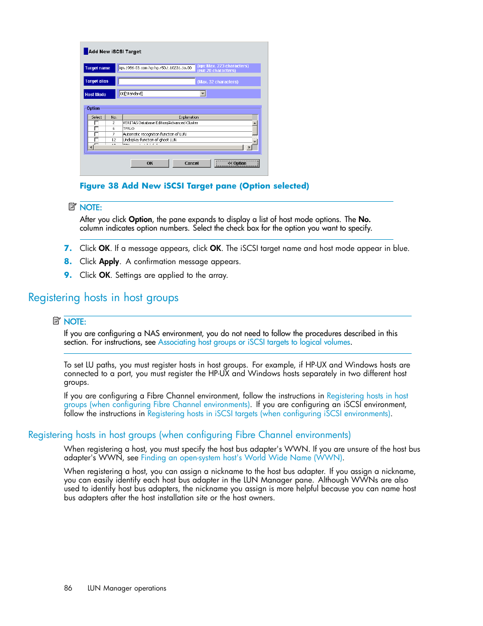 Registering hosts in host groups, Add new iscsi target pane (option selected) | HP StorageWorks XP10000 Disk Array User Manual | Page 86 / 220