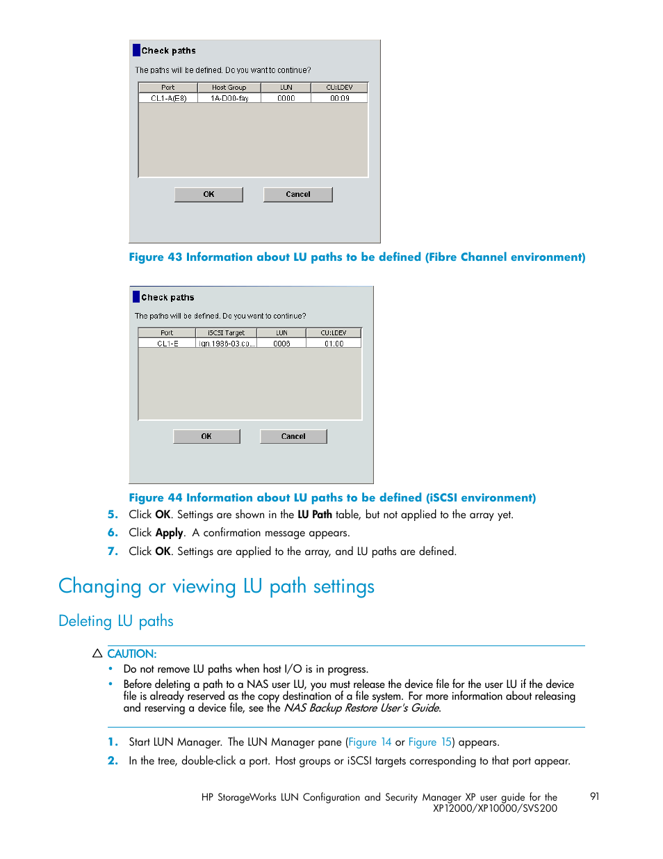 Changing or viewing lu path settings, Deleting lu paths | HP StorageWorks XP10000 Disk Array User Manual | Page 91 / 220