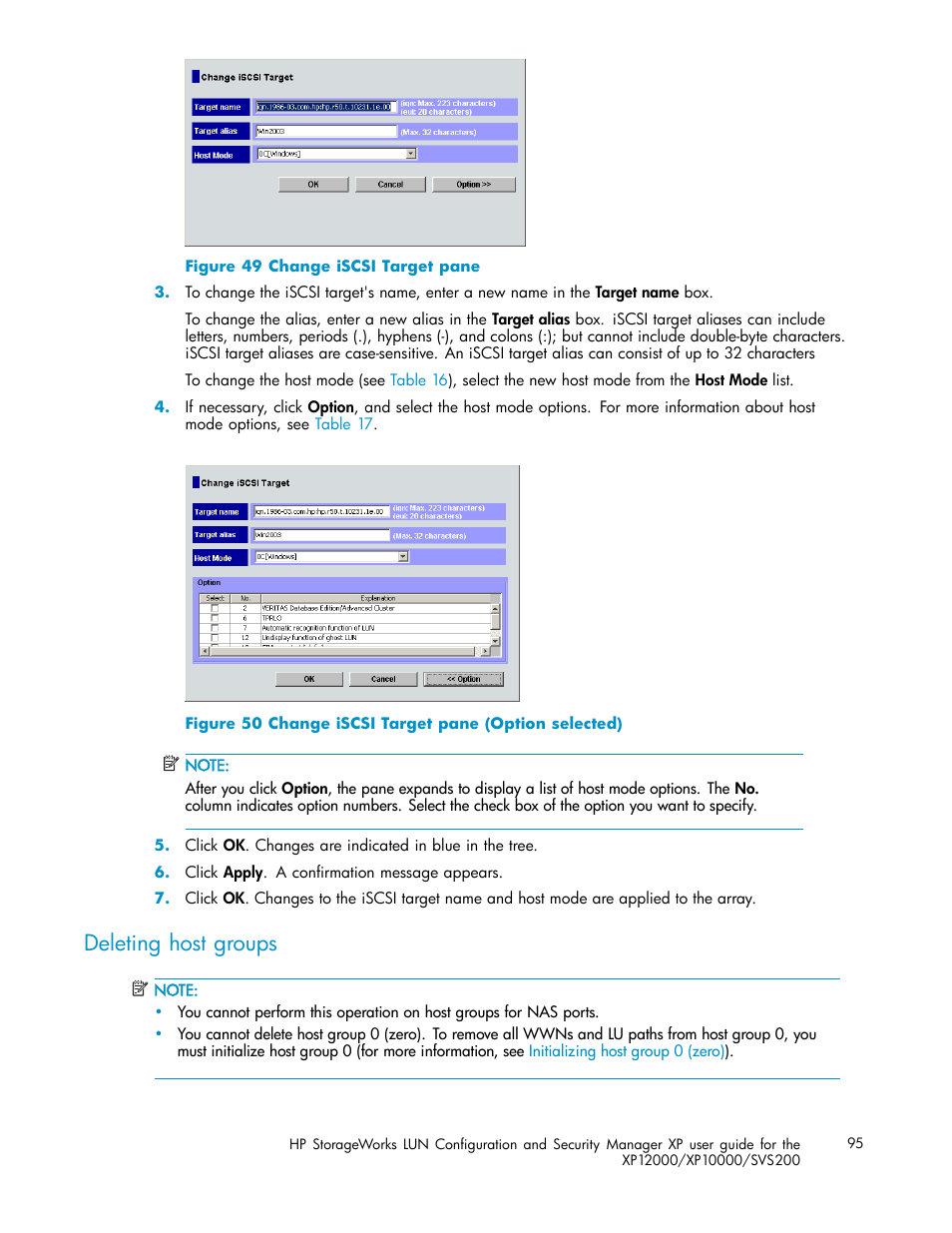 Deleting host groups, Change iscsi target pane, Change iscsi target pane (option selected) | HP StorageWorks XP10000 Disk Array User Manual | Page 95 / 220