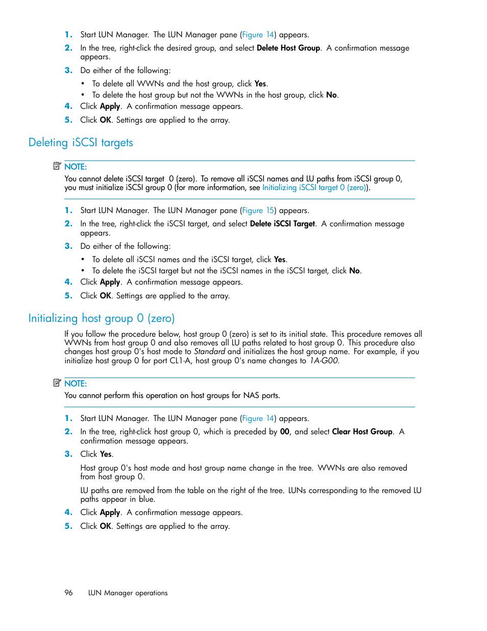 Deleting iscsi targets, Initializing host group 0 (zero) | HP StorageWorks XP10000 Disk Array User Manual | Page 96 / 220