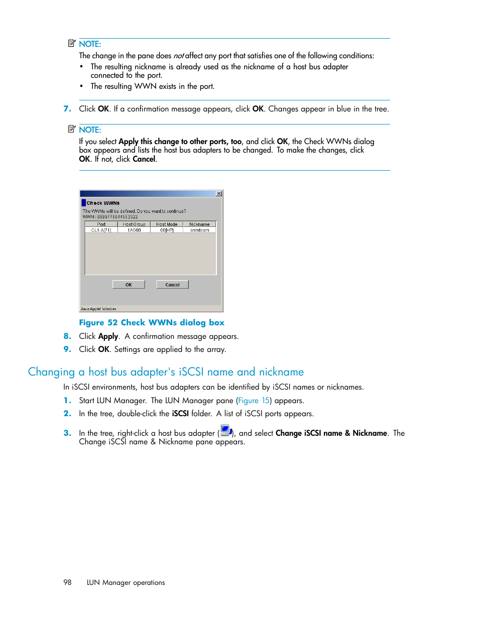 Check wwns dialog box | HP StorageWorks XP10000 Disk Array User Manual | Page 98 / 220