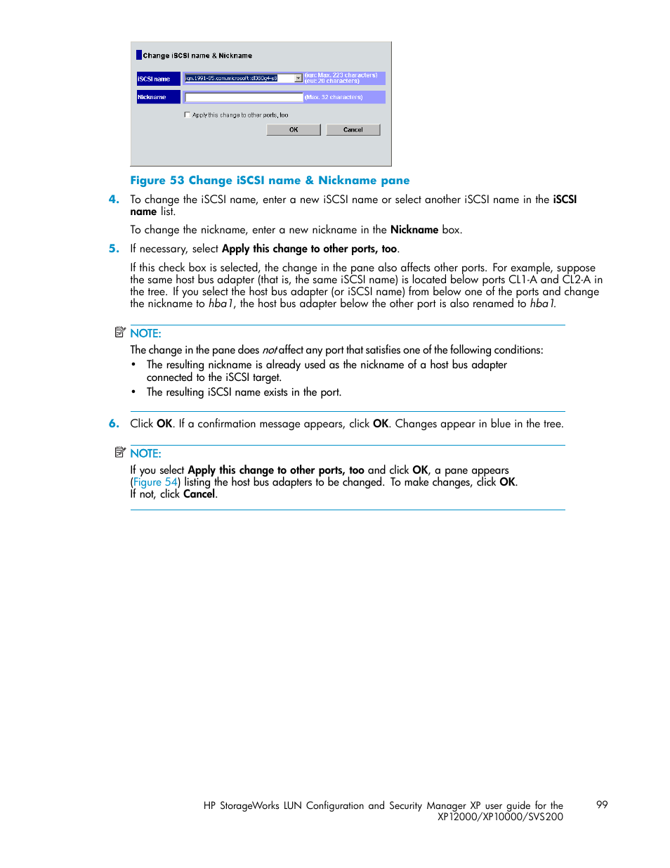 Change iscsi name & nickname pane | HP StorageWorks XP10000 Disk Array User Manual | Page 99 / 220