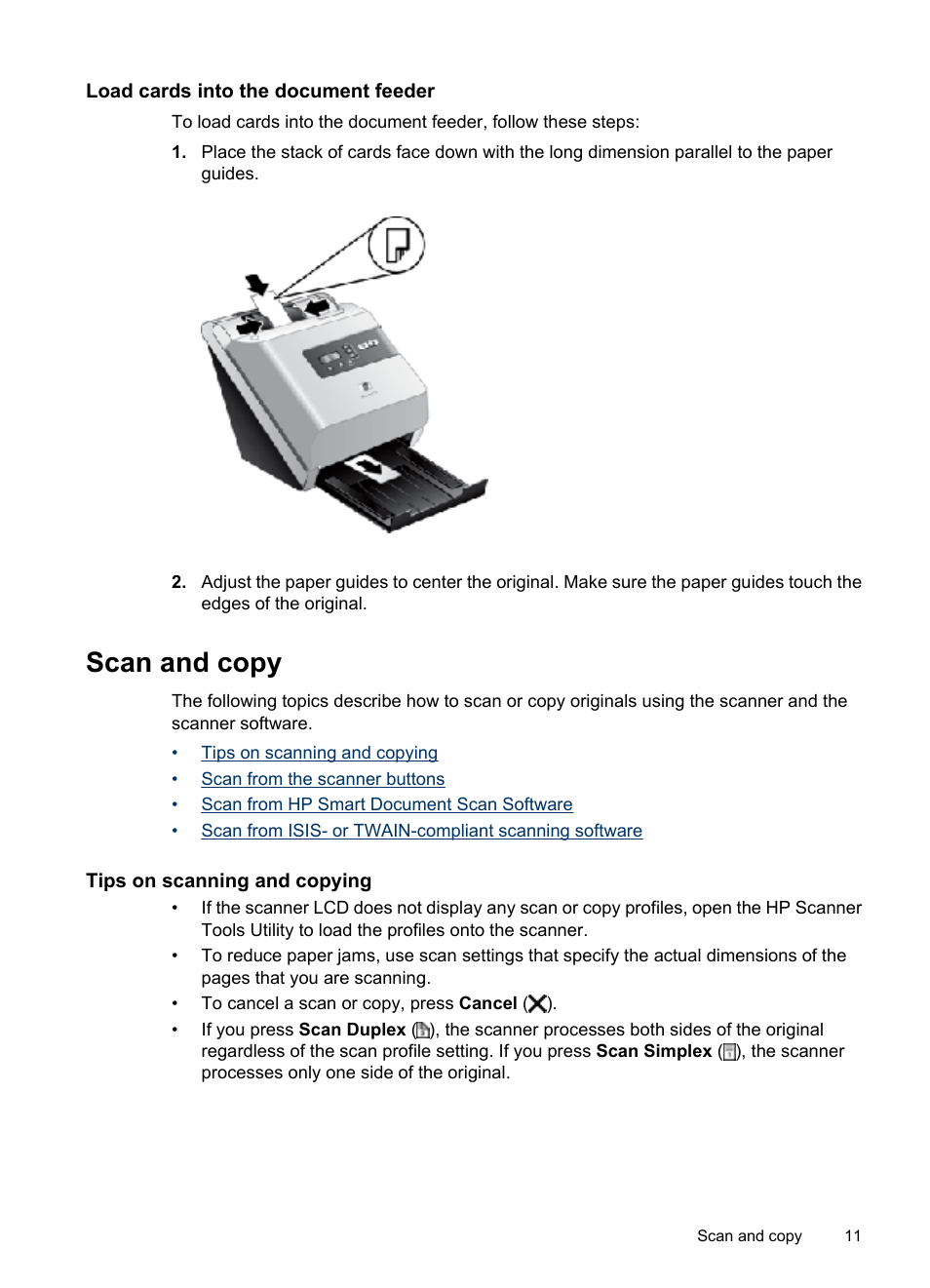 Load cards into the document feeder, Scan and copy, Tips on scanning and copying | HP Scanjet 7000 Sheet-feed Scanner User Manual | Page 13 / 45