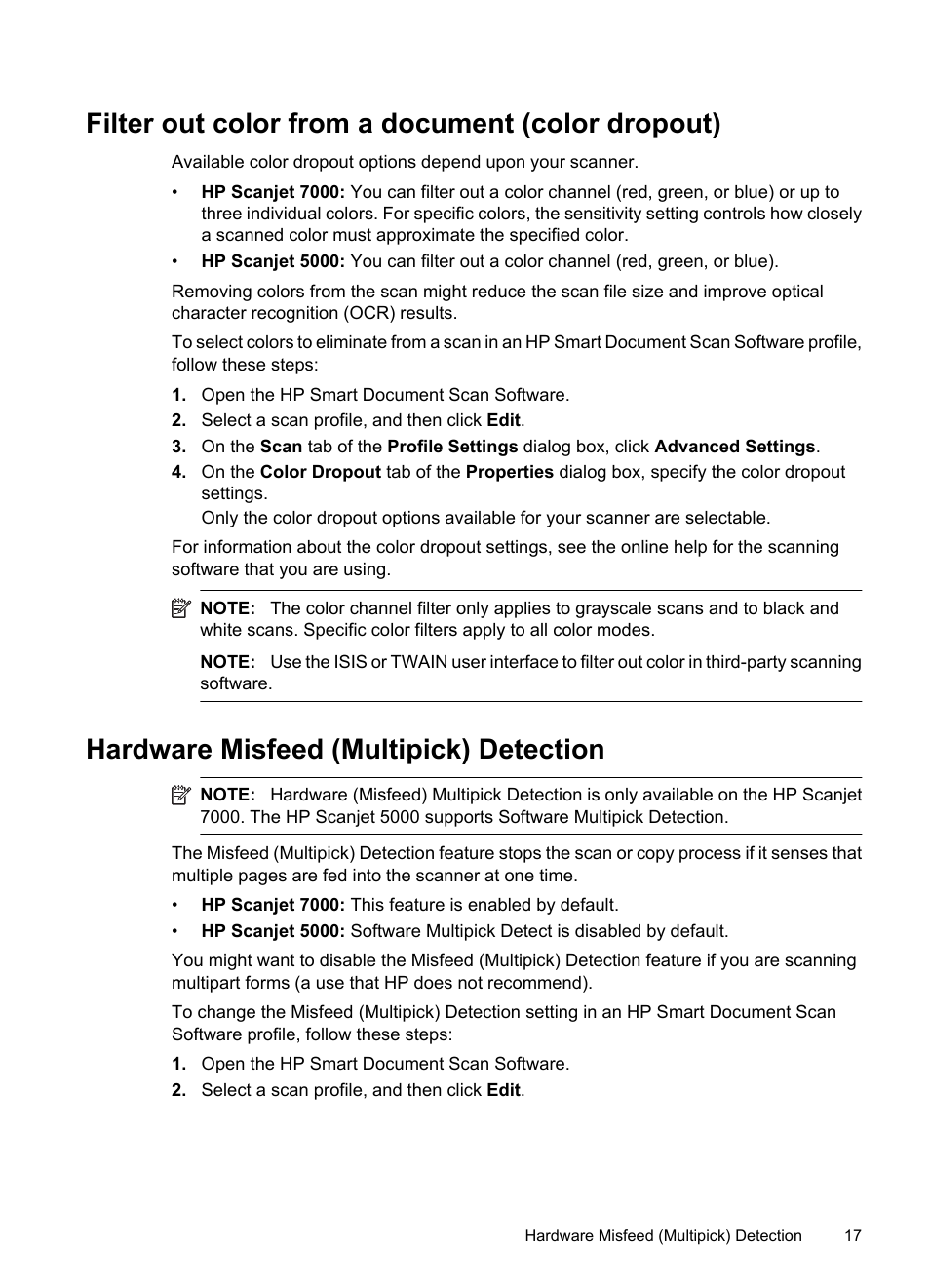 Filter out color from a document (color dropout), Hardware misfeed (multipick) detection | HP Scanjet 7000 Sheet-feed Scanner User Manual | Page 19 / 45